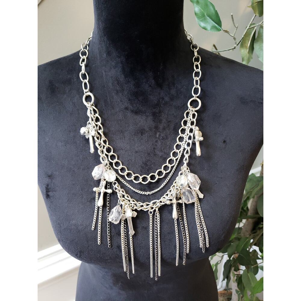 Women's Statement Cross Charm Layered Chain Necklace Lobster Clasp Crystal